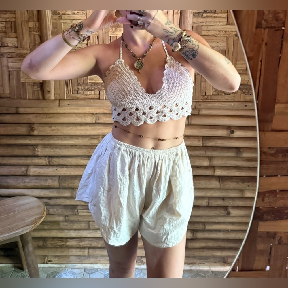 White Cream Knit Crochet Halter Adjustable Tie Around Top